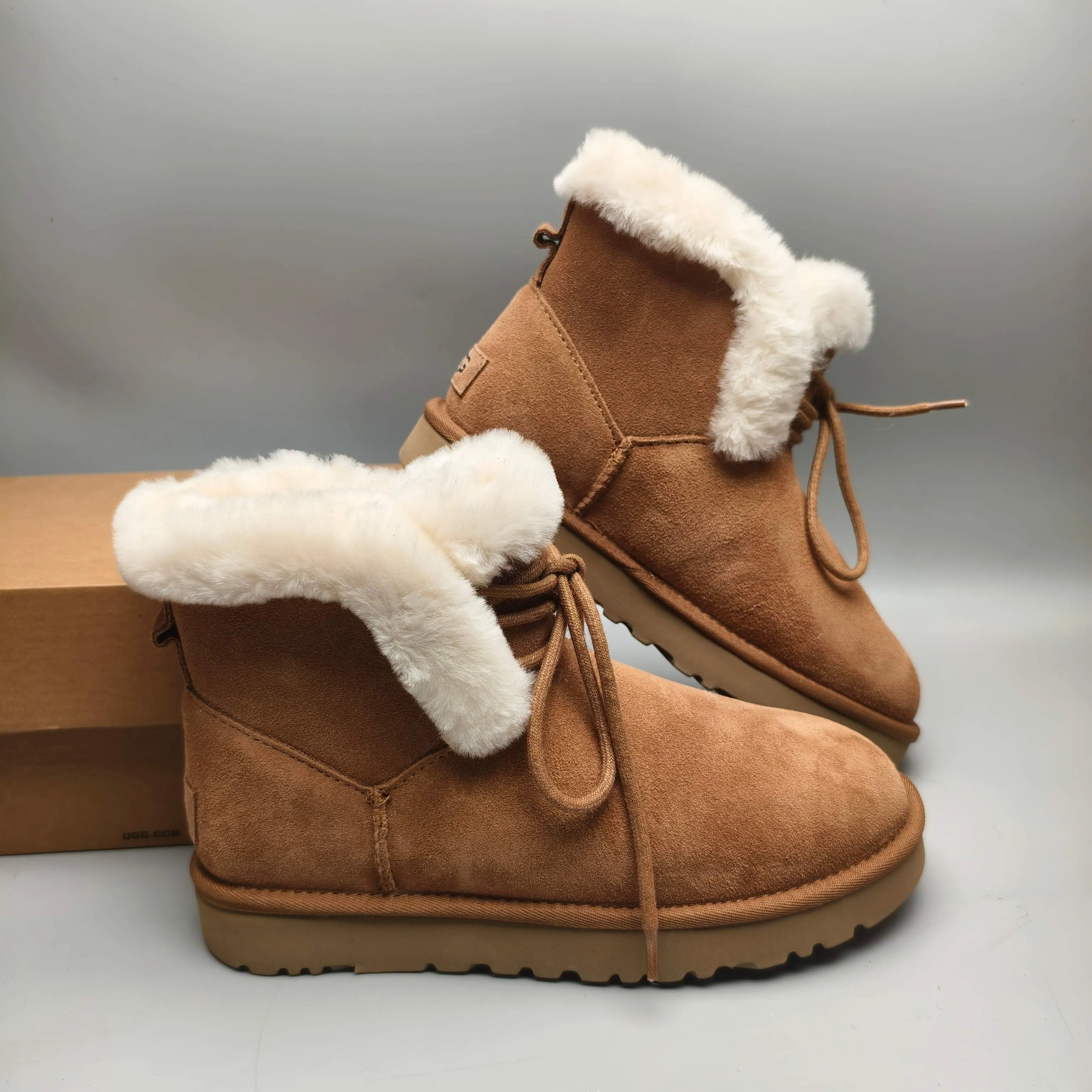 💰520 UGG sheepskin all-in-one snow boots 4576 mid-calf lace-up casual women's shoes Color: Gray Maroon Black Matching Size: 35-40